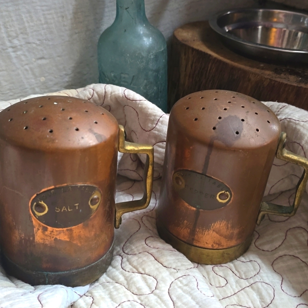 Brass Vintage Pour La Table Salt + Pepper Shakers Copper w Brass Handles Patina